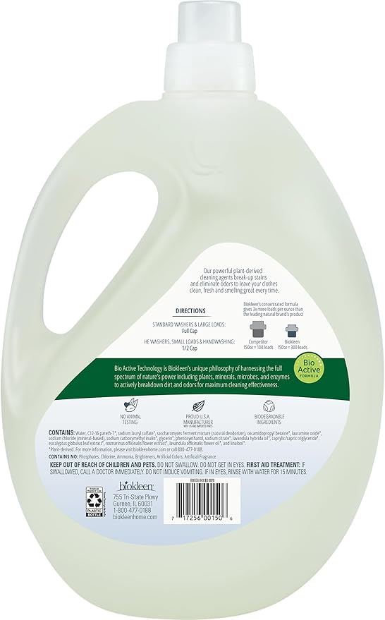 Biokleen Natural Sport 3X Concentrated Laundry Detergent, 300 Loads, Bio Active Formula, Fight Odors, Sweat & Stain Remover, Lavender Eucalyptus Scent