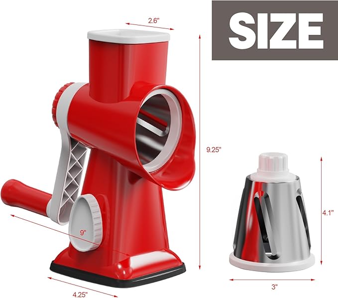 Cheese Grater Cheese Shredder with 3 Interchangeable Blades, Rotary Cheese Grater Manual Vegetable Slicer with Non-slip Suction Base Peanut Nuts Grinder Vegetable Shredder Red