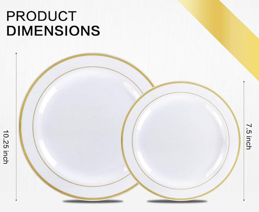 350 Piece Gold Dinnerware Set,100 Plastic Plates, 50 Cups,50 Pre Rolled Napkins with Plastic Silverware, Disposable Gold Dinnerware Set for 50 Guest