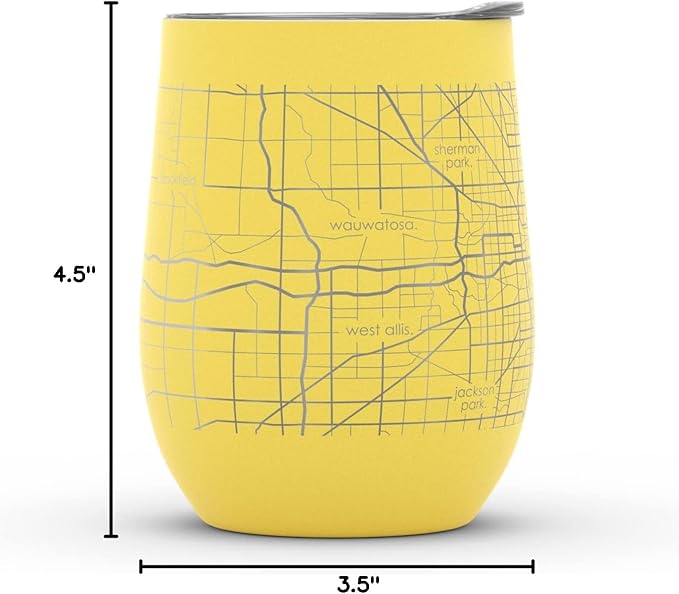 Well Told Engraved Milwaukee Wisconsin Map Insulated Wine Tumbler, Etched Stainless Steel Cup (12 oz, Sunrise Yellow) City Map Insulated Tumbler, Custom Insulated Tumbler, Outdoor Drinkware