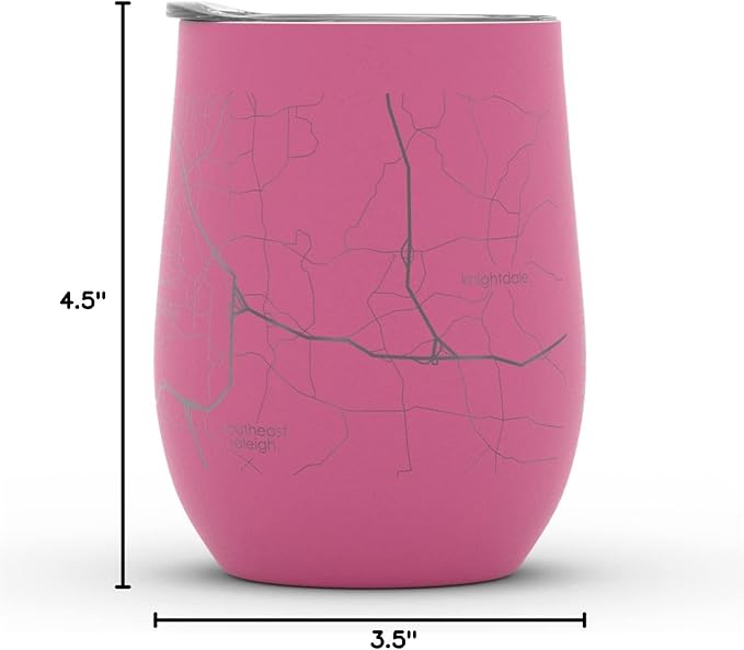 Well Told Engraved Raleigh North Carolina Map Insulated Wine Tumbler, Etched Stainless Steel Cup (12 oz, Sunset Pink) City Map Insulated Tumbler, Custom Insulated Tumbler, Outdoor Drinkware