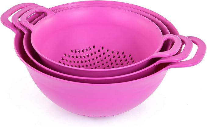 Mintra Home Plastic Strainer Colanders Set: 3, 3.5 and 5 Quart (Fuchsia) Double Strong Handles and Deep Bowl, Safe BPA-Free - Use for Pasta, Noodles, Spaghetti, Vegetables (Assorted Sizes 3pk)