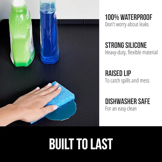 GORILLA GRIP Waterproof Silicone Under Sink Mat with Raised Lip for Kitchen and Bathroom, Cabinet Shelf Liner Stay in Place Mats Dishwasher Safe Drawer Liner, Organizer Tray, 15 x 22 in, Black