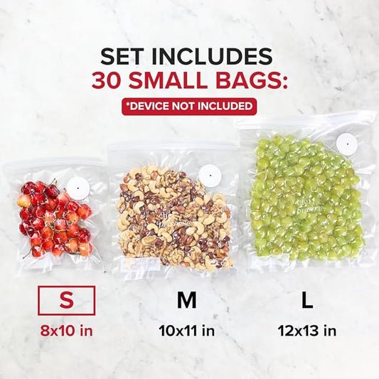 Chef Preserve Reusable Vacuum Sealer Bags for Food β 30 BPA-Free Small (8 x 10 in) Food Storage Bags, Freezer, Microwave β Odor-Resistant, Leak-Proof β Compatible with Chef Preserve Vacuum Sealers