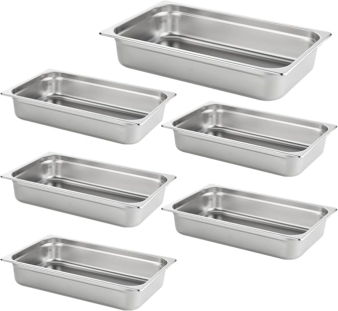 HECMAC 6 Pack Anti-Jam Hotel Pans, Full Size 4 Inch Deep, Heavy Duty, Commercial Stainless Steel Chafing Steam Table Pan, Catering Storage Metal Food Pan, 23 Gauge