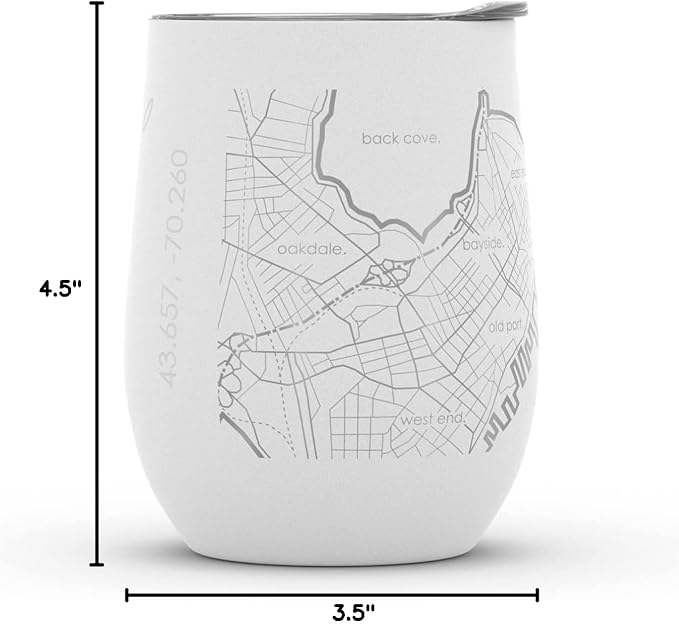 Well Told Engraved Portland Maine Map Insulated Wine Tumbler, Etched Stainless Steel Wine Tumbler (12 oz, White) City Map Insulated Tumbler, Custom Insulated Tumbler, Outdoor Drinkware