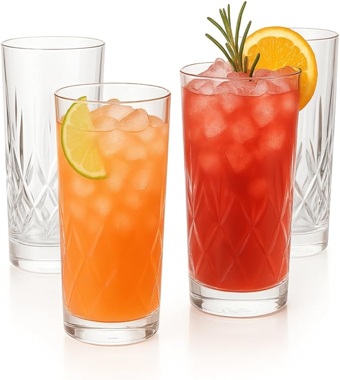 LEMONSODA Premium 12oz Highball Glass, for Water, Juices, cocktails - Set of 4 - Crystal Cut Glasses β Elegant Textured Tom Collins Glassware Set - Premium Packaging