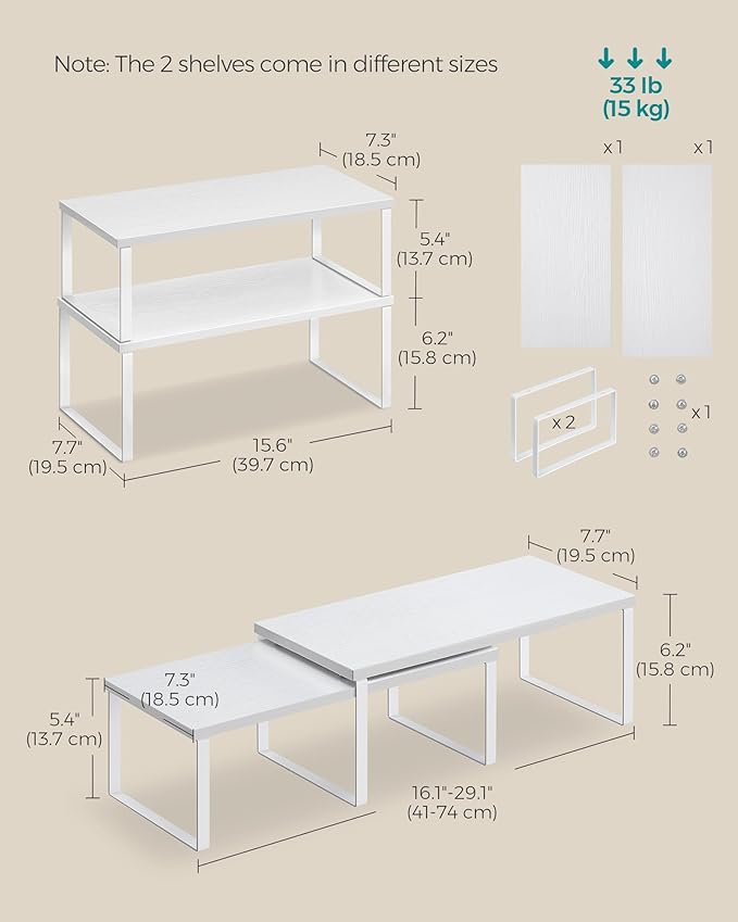 SONGMICS Cabinet Organizer Shelf, Set of 2 Kitchen Counter Shelves, Kitchen Storage, Spice Rack, Stackable, Expandable, Metal and Engineered Wood, Cloud White and Snow White UKCS025W01
