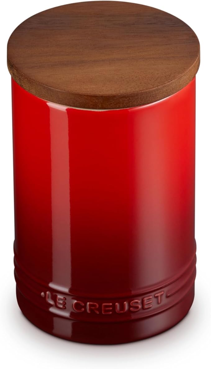 Le Creuset Signature Salt Cellar and Storage Canister with Wood Lid, 26 oz., Cerise