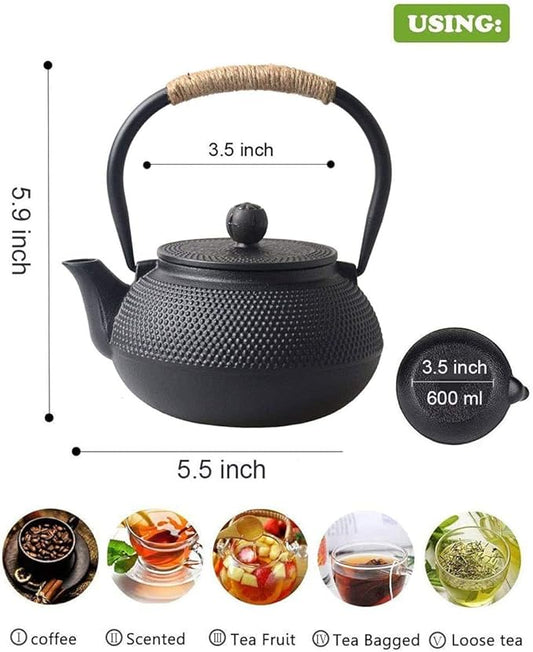 Hwagui - Japanese Cast Iron Teapot With Stainless Steel Infuser For Loose Leaf Tea And Teabags, Cast Iron Tea Kettle Stovetop Safe, 600ml/20oz