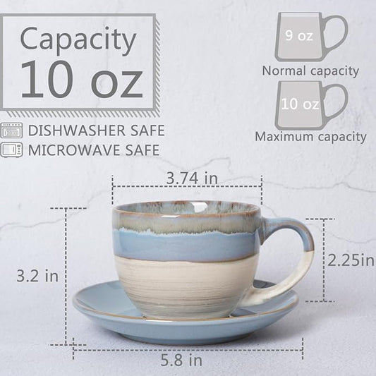 Bosmarlin Ceramic Cappuccino Cup and Saucer Set of 2, 10 Oz, Coffee Cups for Latte, Espresso, Tea, Dishwasher and Microwave Safe, Reavtive Glaze (Light Blue)