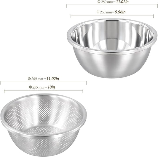 4 PCS 5QT Stainless Steel Colander Set with Mixing Bowls, Multi-Use Kitchen Strainer for Washing Vegetables Fruits Rice, Dishwasher Safe