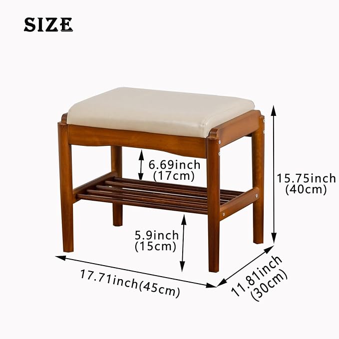 latifolia Small Shoe Bench, Solid Wood Bench with Cushion, 2 Tier Shoe Storage Organizer for Entryway(Walnut,17.71''L)
