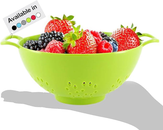 Meadow Lane 6-inch Small Colander, BPA-Free, Dishwasher Safe, Double Handles, Compact Food Strainer for Berries, Veggies and Pasta, 3-Cup Capacity, Meadow Green
