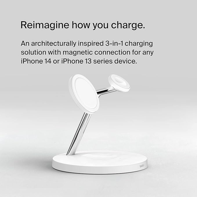 Belkin MagSafe Charger, 3-in-1 Wireless Charging Stand, 2ND GEN, 33% Faster for Apple Watch, iPhone 16, iPhone 15, iPhone 14 Series, AirPods - MagSafe Charging Station for Multiple Devices - White