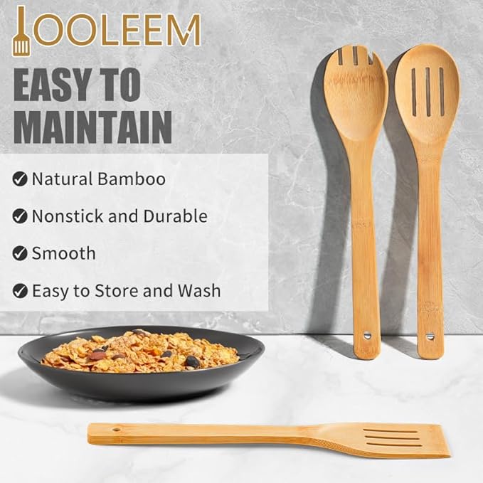 IOOLEEM Bamboo Wooden Spoons for Cooking 6 Pcs 12 Inch, Non-Stick Wooden Kitchen Utensils Set, Natural and Durable Wooden Spatula Spoons for Non-Stick Pan for Cooking
