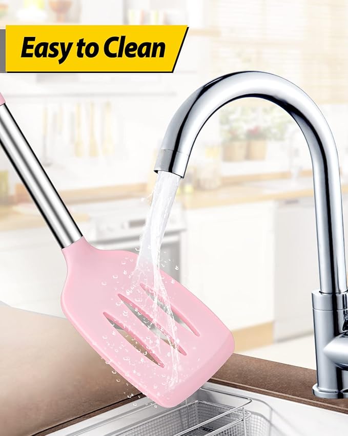 Pack of 4 Silicone Cooking Utensils Set, Non Stick Large Solid Spatulas, Heat Resistant Pink Slotted Spoons, Ideal BPA Free Kitchen Turners for Frying, Mixing,Serving,Draining,Turning,Stirring