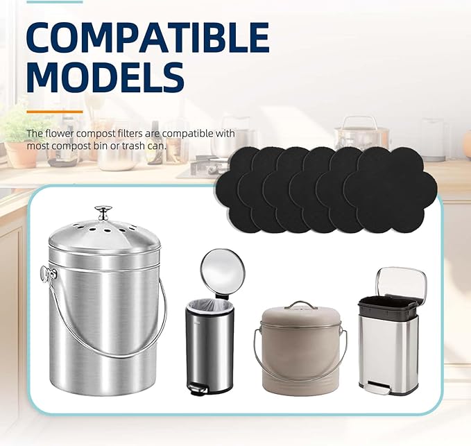 Stick-on Compost Bin Odor Filter: Activated Charcoal Deodorizer Sheets for Kitchen Trash Can, Compost Bucket, Diaper Pail, Garbage Can, Countertop and Recycle Bin - 6 Replacements 6.7" Flower Shape