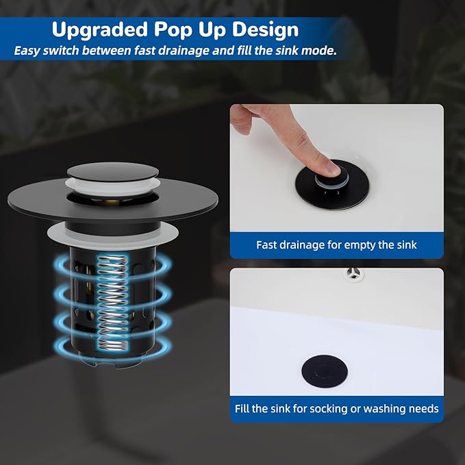 Hibbent Upgraded 3 in 1 Bathroom Sink Drain Strainer, Universal Pop Up Stopper, Removable Stainless Steel Filter Basket Hair Catcher, Sink Plug for 1.1''~2.36'' Basin, Brass Bullet Core, Matte Black