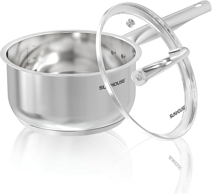 SUNHOUSE – 1.5 Quart Stainless Steel Sauce Pan with Lid - PFOA-FREE, High Stainless Steel Sauce Pan, Induction base, Stay-Cool Handle, Compatible with All Cooktops Gas, Geramic, Electric etc.