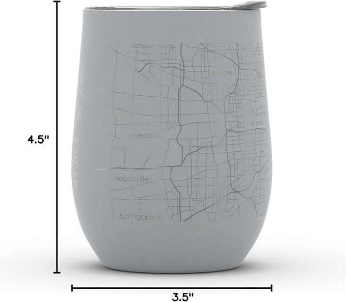 Well Told Engraved Chicago Illinois Map Insulated Wine Tumbler, Etched Stainless Steel Cup (12 oz, Dockside Gray) City Map Insulated Tumbler, Custom Insulated Tumbler, Outdoor Drinkware
