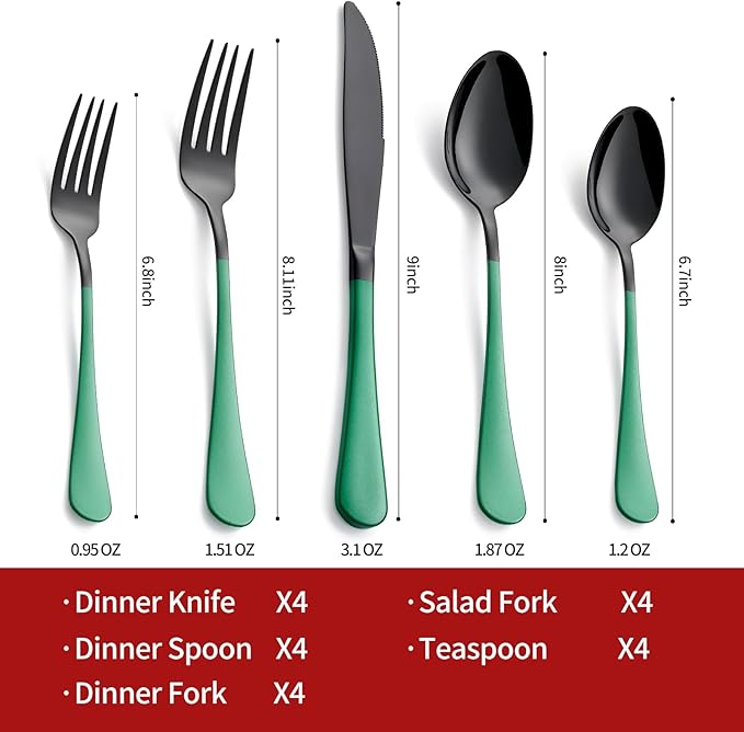 20-Piece Green Silverware Set 18/0 Stainless Steel Silverware Set Green Handle Cutlery Black Set Service for 4 Dinner Knives Forks Spoons Set Flatware SetFinish Dishwasher Safe