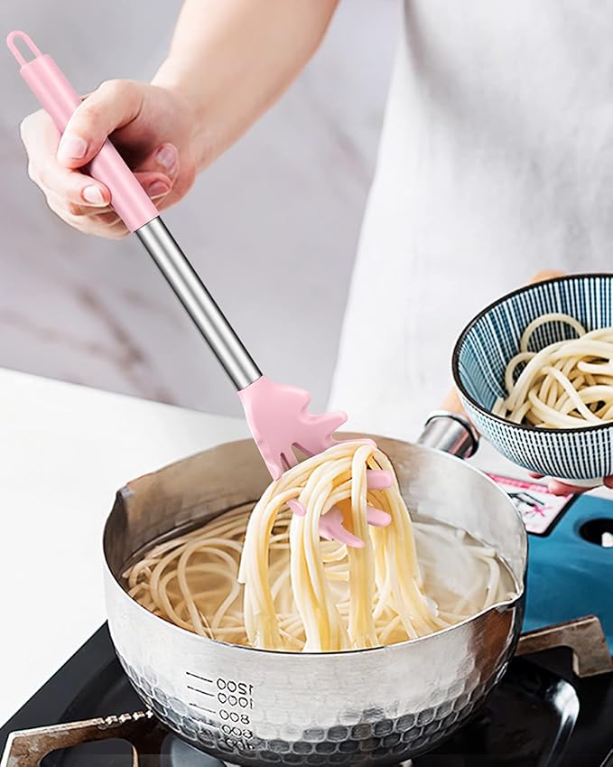 Pack of 2 Silicone Pasta Fork, Kitchen Heat Resistant Noodle Spoon Server, BPA Free Spaghetti Strainer, Best Cooking Tools (PINK-PURPLE)