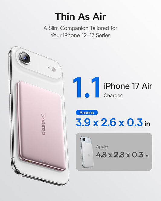 Baseus Picogo Power Bank, 0.3" Ultra Slim 5000mAh MagSafe Portable Charger with USB-C Braided Cable, Card-Size Magnetic Battery Pack, Alloy Wireless Fast Charger for iPhone 16/15/14/13/12, Lightweight