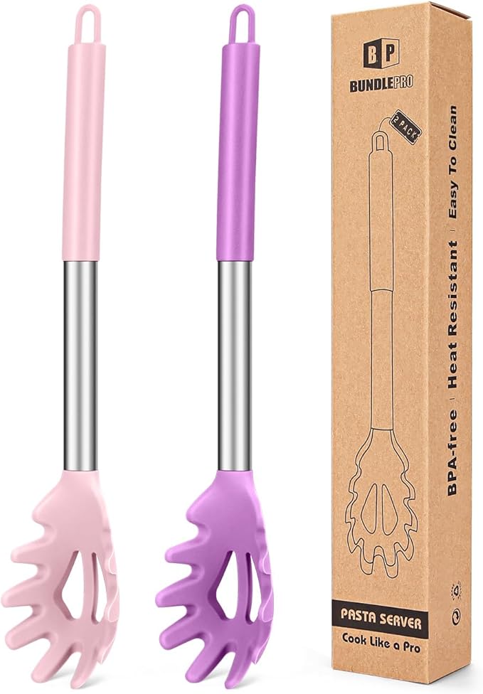 Pack of 2 Silicone Pasta Fork, Kitchen Heat Resistant Noodle Spoon Server, BPA Free Spaghetti Strainer, Best Cooking Tools (PINK-PURPLE)