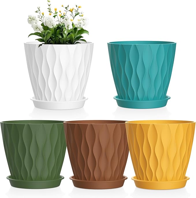 4 inch Small Plastic Nursery Pots, Seedling Pots, 5 Set Water Ripples Plant Pots for Indoor Plants, Flower Pots with Drainage Holes and Saucers, Seed Starter Pots for Succulent, Colorful
