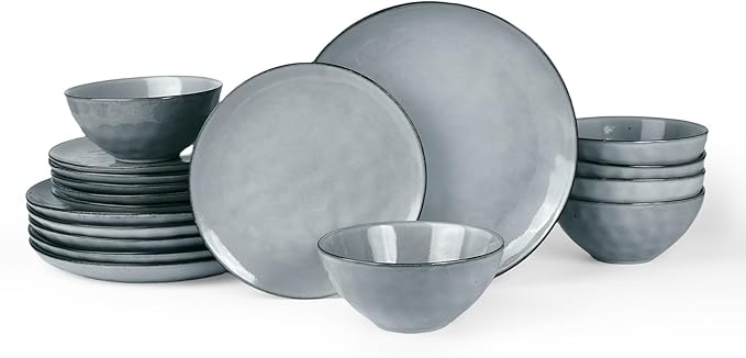 Famiware Ocean Round Plates and Bowls Set, 18 Pieces Dinnerware Sets, Dishes Set for 6, Reactive Glaze, Microwave and Dishwasher Safe, Scratch Resistant, Grey
