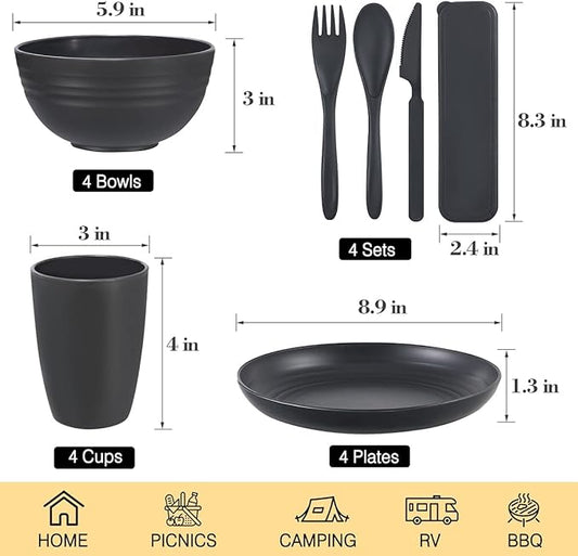 Wheat Straw Dinnerware Sets, Wheat Straw Plates and Bowls Sets for 4 Kitchen Dishes 28pcs College Dorm Room Essentials Cutlery Set Microwave Safe (Gray)