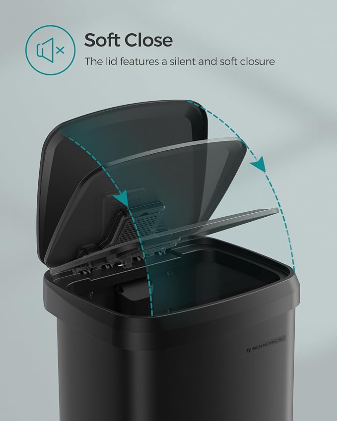 SONGMICS Kitchen Trash Can, 13 Gallon (50 L) Stainless Steel Garbage Can, with Stay-Open Lid and Step-on Pedal, Soft Closure, Tall, Large and Space-Saving, Black ULTB530B50