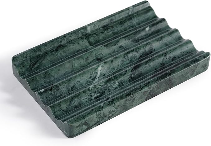 Marble Soap Dish, Soap Holder for Shower, Green Bar Soap Holder with Water Ripple Design, Easy Cleaning Stone Soap Saver for Kitchen Sink,Bathroom, Executive Indian Natural Stone Soap Tray