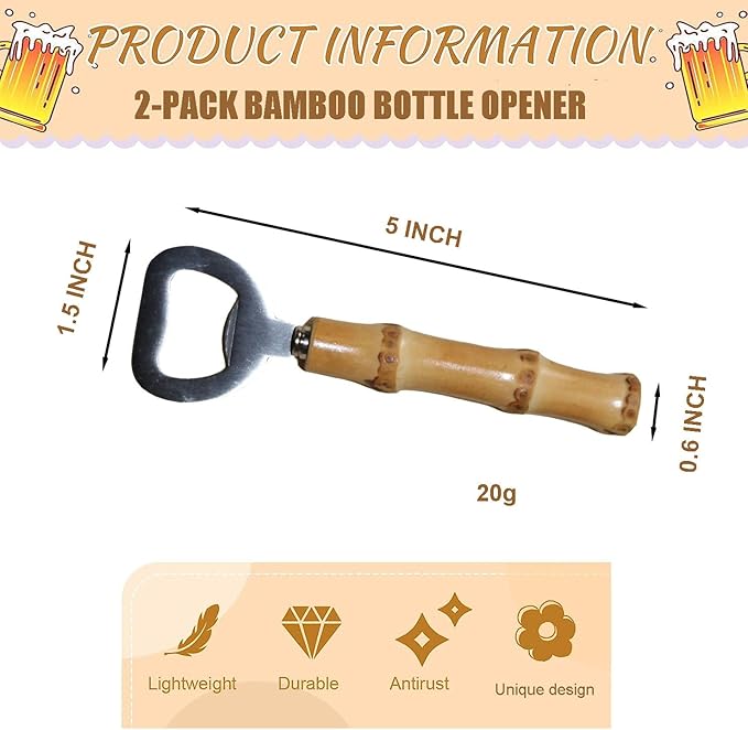 2PCS Bamboo Bottle Openers,Beer Bamboo Bottle Openers,Soft Drinks-Handcraft Handle(yellow)