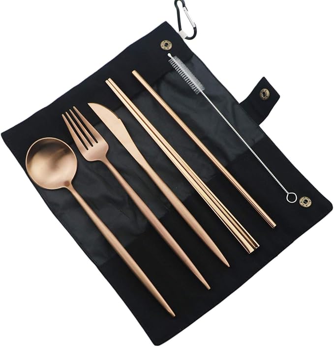 Gugrida Luxury Rose Gold Matte Portable 18/10 Stainless Steel Travel Flatware Sets of 7 Portable Camping Cutlery Set, Healthy & Eco-Friendly Flatware Set with Carrying Case for Travel or Camping