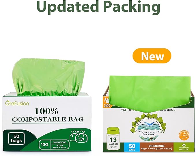 Compostable Bags,Trash bags 13+ gallon tall kitchen, Compostable Trash Lawn & Leaf Yard Waste Bags,Kitchen Compost Trash Bin Compatible,Extra Thick1.01 Mills,Certified by BPI and OK Compost