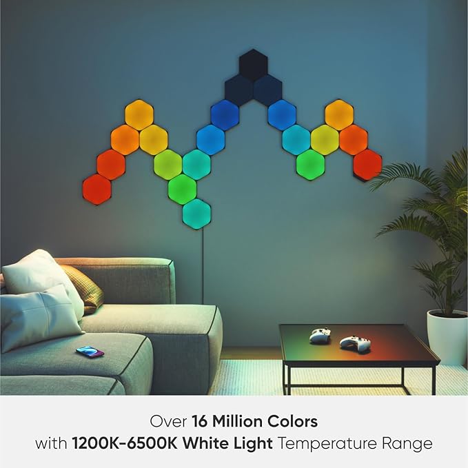 Nanoleaf Shapes LED Wall Lights, RGBW Smart Wall Panels with 16M+ Color, Compatible with Alexa & Google Assistant, Music Sync, DIY Gaming Light for Home Decor (Black Hexagons Smarter Kit 9 Pack)