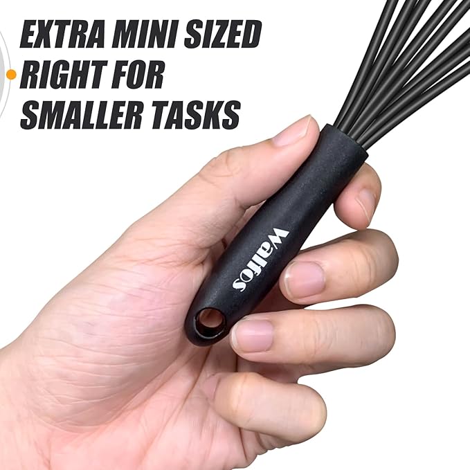 Walfos Whisk 5+7in/12cm+17cm Mini Whisk,Silicone Whisks Non Scratch Heat Resistant (480°F). Nice for stirring individual eggs and mixing small amounts of powder and sauce.Dishwasher Safe.Black