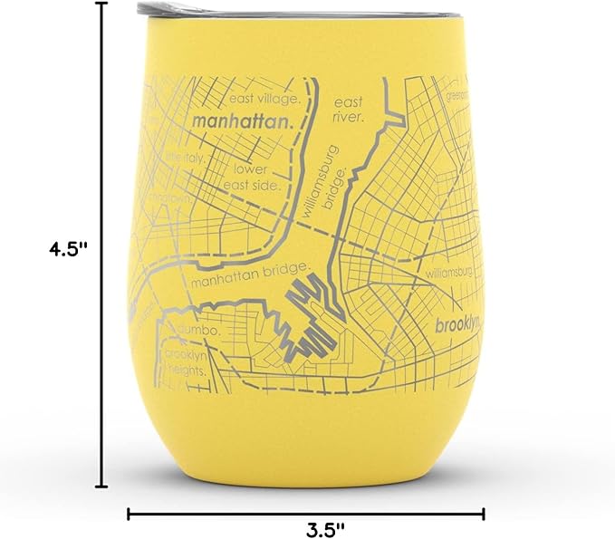 Well Told Engraved New York City Map Insulated Wine Tumbler, Etched Stainless Steel Cup (12 oz, Sunrise Yellow) City Map Insulated Tumbler, Custom Insulated Tumbler, Outdoor Drinkware