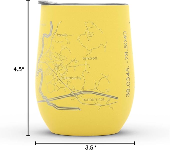 Well Told Engraved Charlottesville Virginia Map Insulated Wine Tumbler, Etched Stainless Steel Cup (12 oz, Sunrise Yellow) City Map Insulated Tumbler, Custom Insulated Tumbler, Outdoor Drinkware
