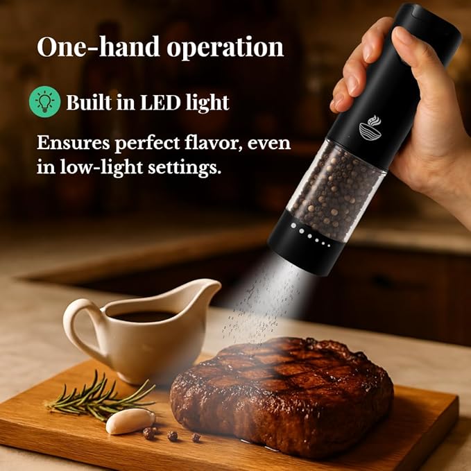 Electric Salt and Pepper Grinder Set - Automatic 3A Battery Pepper Mill Shakers - Upgraded Adjustable Coarseness with Led & Large Capacity - Built-in LED Light - 2 Pack