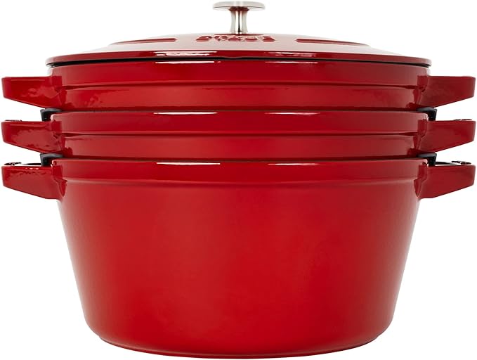 STAUB Cast Iron Set 4-pc, Stackable Space-Saving Cookware Set, Dutch Oven, Skillet, Grill Pan with Universal Lid, Made in France, Cherry