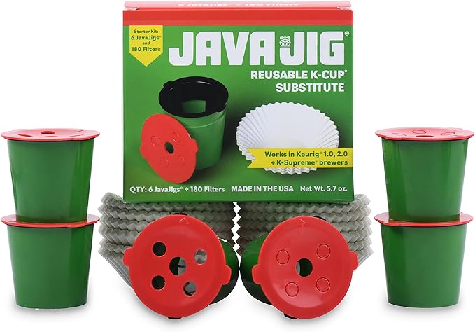 Reusable K Cup (6 JavaJigs; 180 Filters) 2.0 compatible - Our refillable K Cup for Keurig uses pressure to brew a flavorful, healthy, cost effective, and eco-friendly cup of coffee MADE IN USA