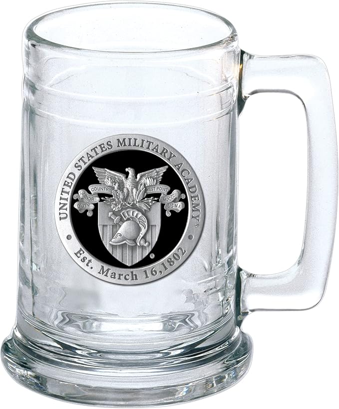 Heritage Pewter US Military Academy Stein Glass | 15 Ounce German-Style Glass | Intricately Crafted Metal Pewter Alma Mater Inlay