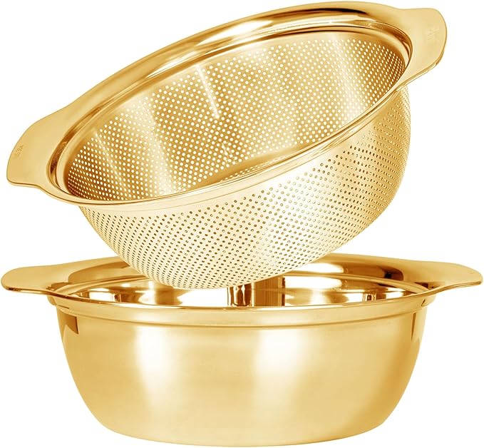 304 Stainless Steel Microporous Colander with Handle, Rice Washers Microporous Strainer Set For washing vegetables, fruits and rice, and draining cooked pasta(2QT with handle-Gold)