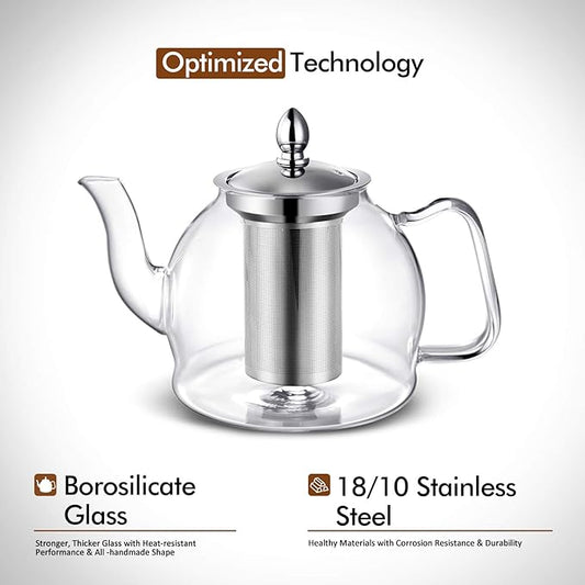 HIWARE 1000ml Glass Teapot with Removable Infuser, Stovetop Safe Tea Kettle, Blooming and Loose Leaf Tea Maker Set