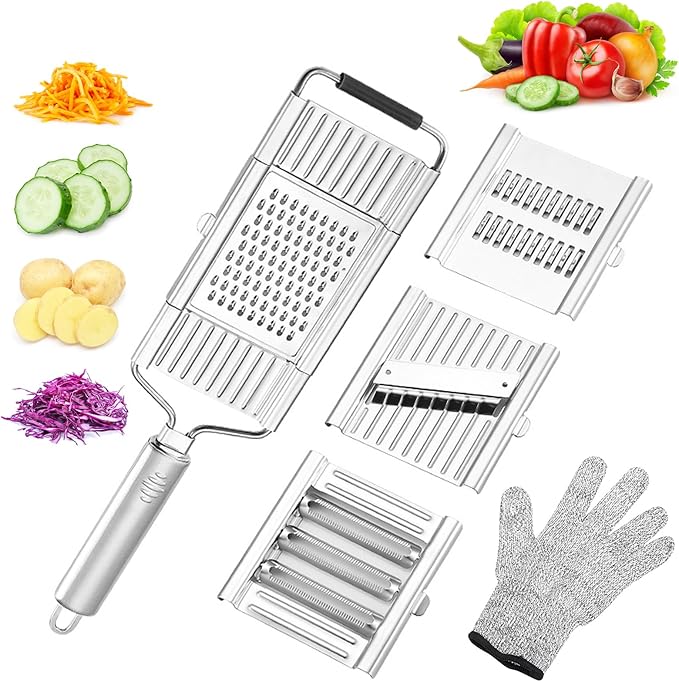 Suuker 4 in 1 Vegetable Cutter with Cheese Grater, Carrot Grater, Cabbage Shredder, Cucumber Slicer - Stainless Steel Mandoline Slicer for Kitchen