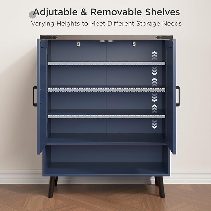 Vabches Farmhouse Shoe Storage Cabinet with Doors, 5 Tier Small Shoe Cabinet with Adjustable Shelves and Metal Legs, 34" Tall Shoe Rack Organizer for Entryway, Foyer, Navy Blue