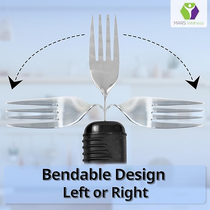 3 Piece Super Easy Grip Flatware Set - Bendable Built Up Utensils - Fork, Knife, and Spoon (Standard) - Black